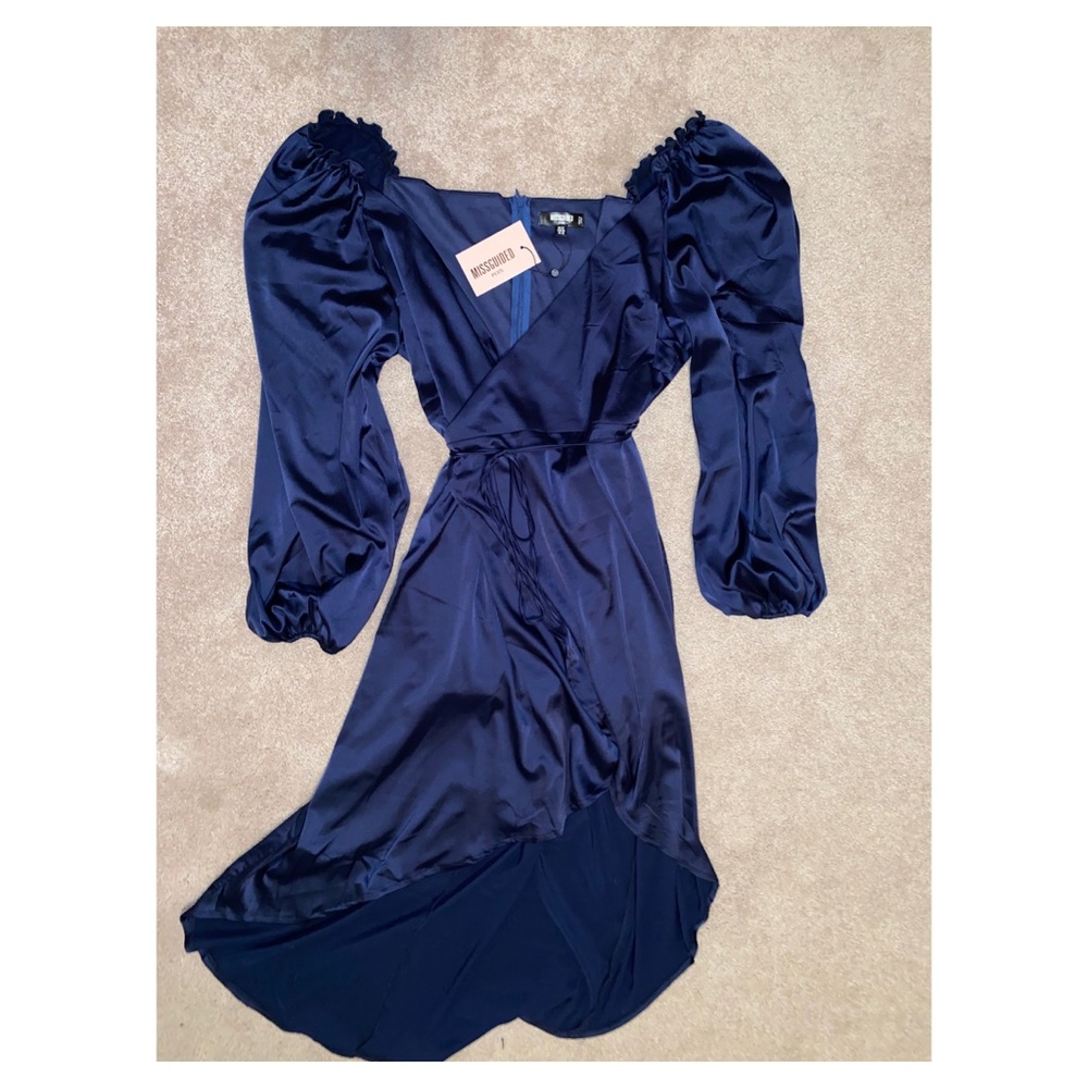 Navy Puff Sleeve Satin Midi Dress